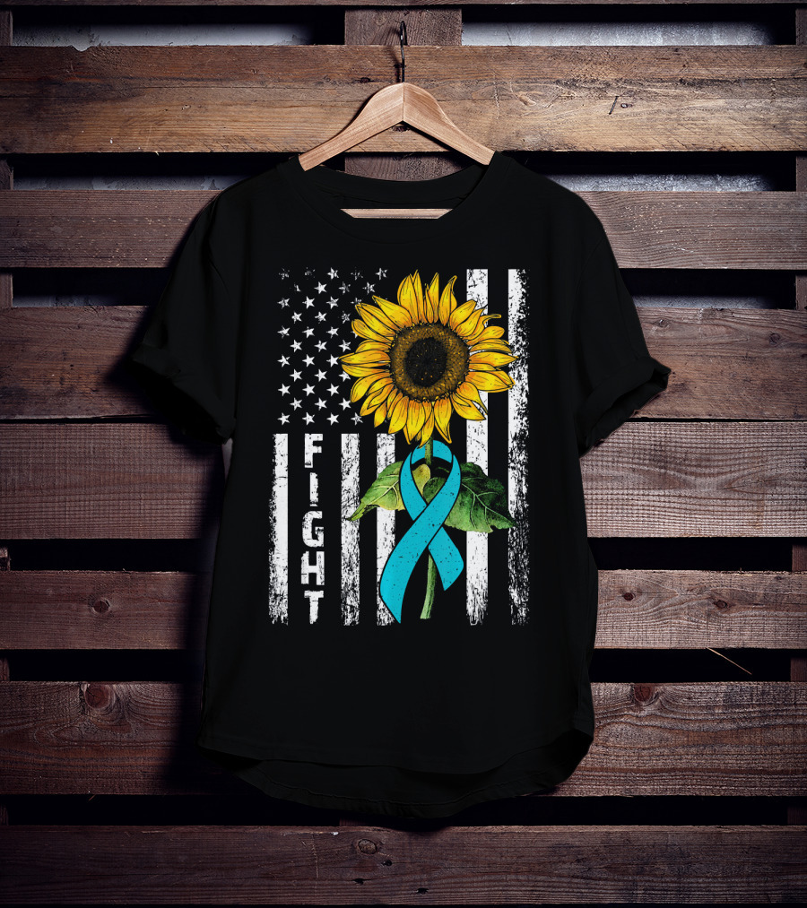 America Flag Sunflower Teal Ribbon Ovari Fight T-Shirt