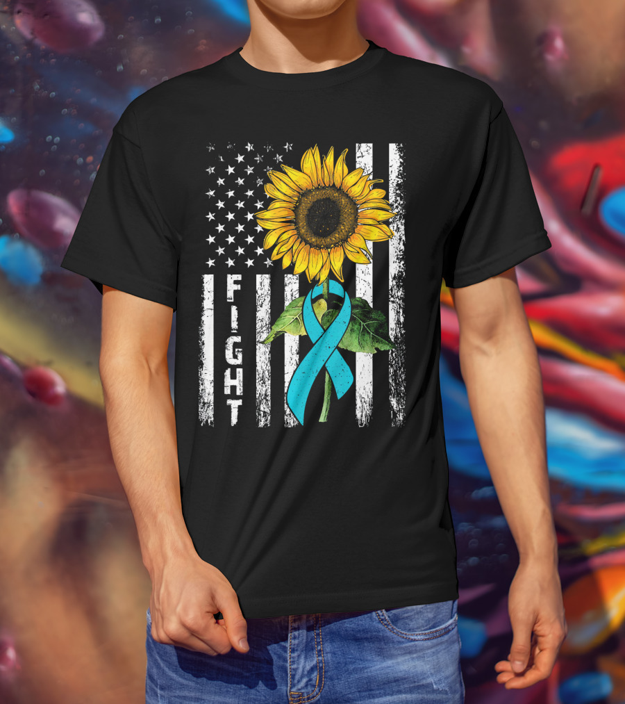 America Flag Sunflower Teal Ribbon Ovari Fight T-Shirt