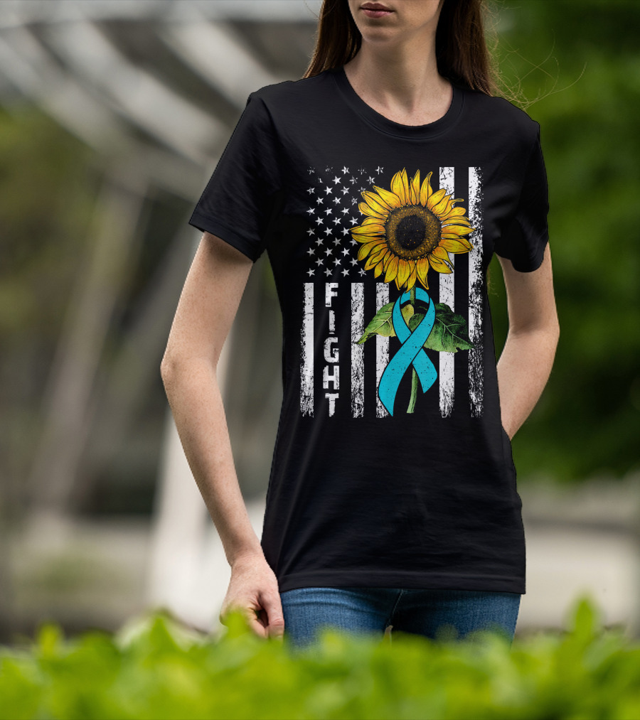 America Flag Sunflower Teal Ribbon Ovari Fight T-Shirt