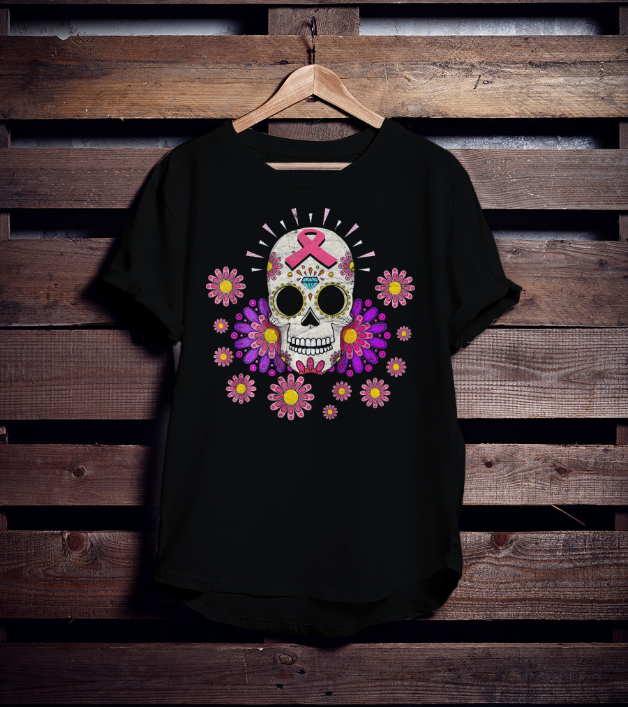 Breast Cancer Awareness Sugar Skull Pink Ribbon Floral Accents T-Shirt