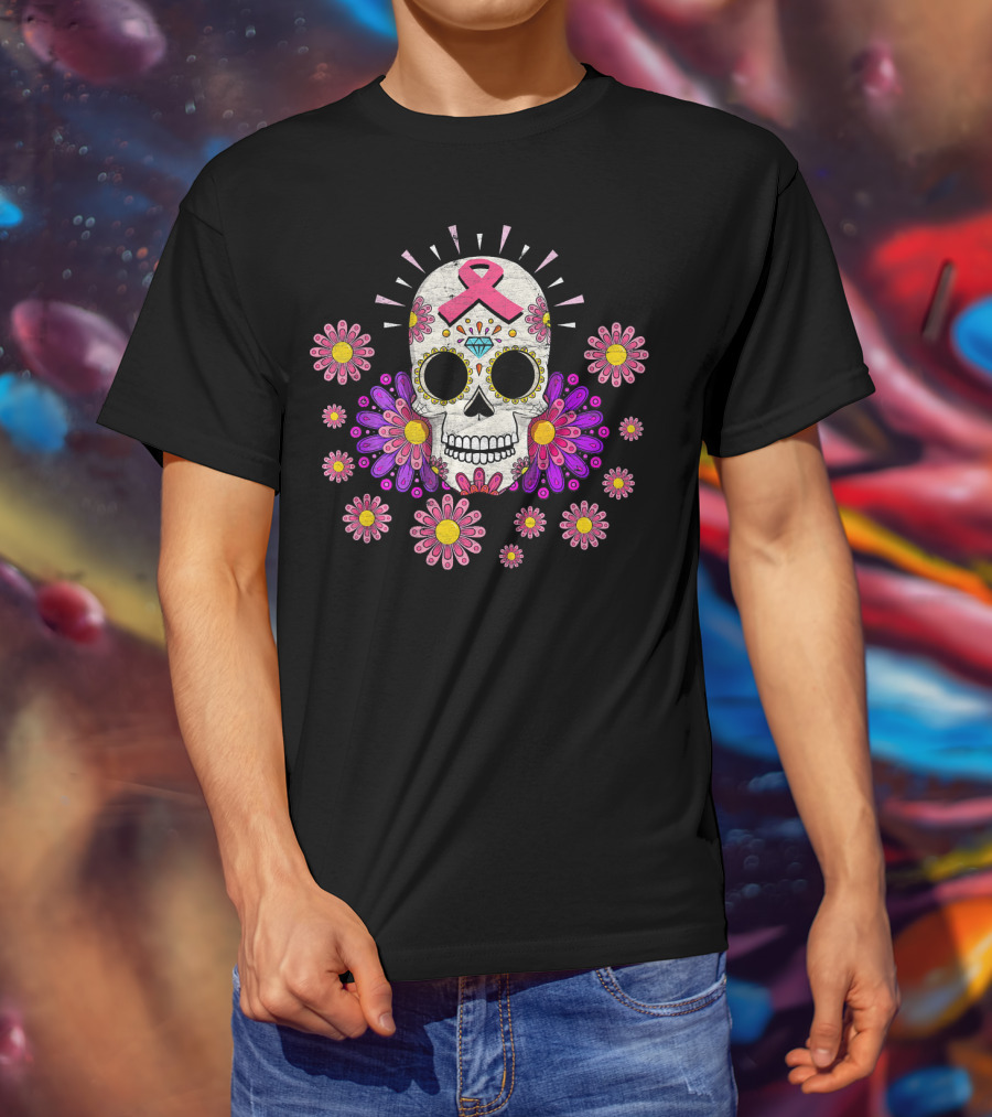 Breast Cancer Awareness Sugar Skull Pink Ribbon Floral Accents T-Shirt