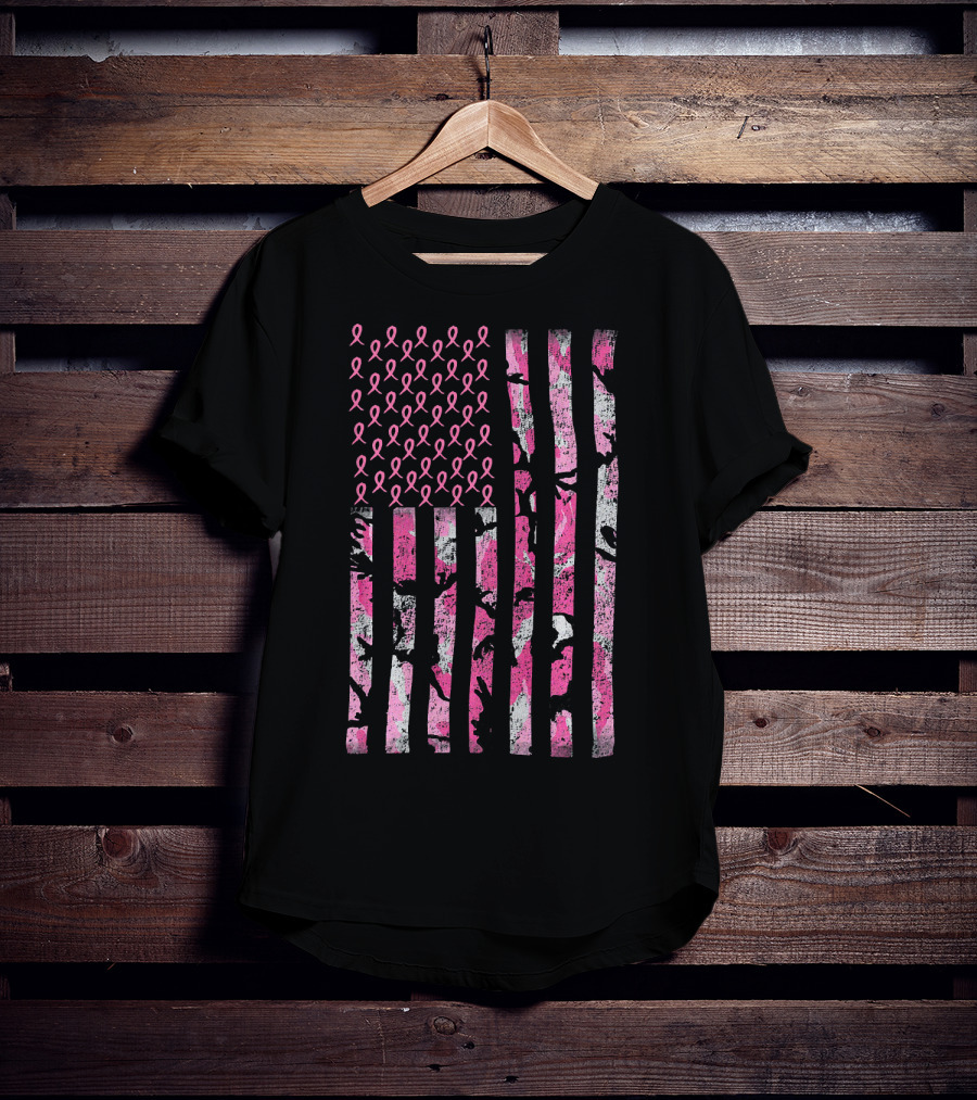 Breast Cancer Awareness Survivor Pink Ribbon American Flag Camo T-Shirt