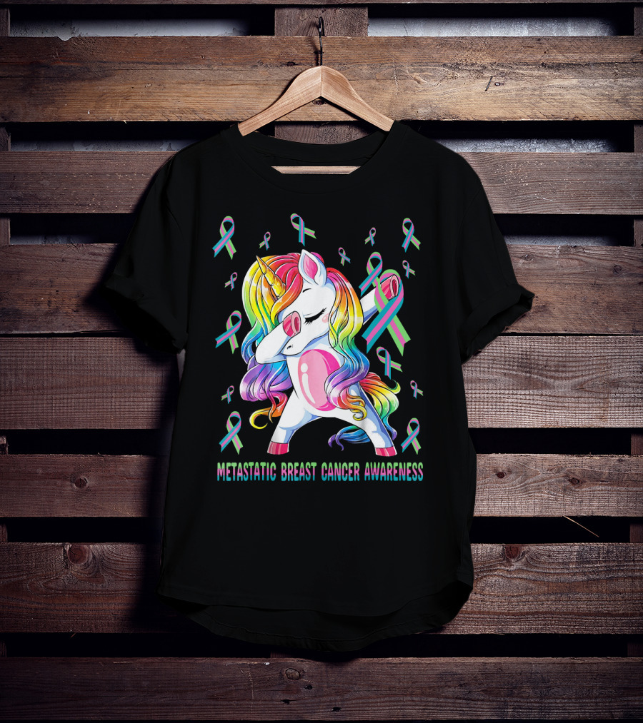 Metastatic Breast Cancer Awareness Unicorn Dabbing With Ribbons T-Shirt