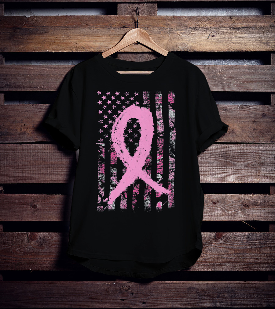 Pink Breast Cancer Ribbon Camouflage American Flag T-Shirt