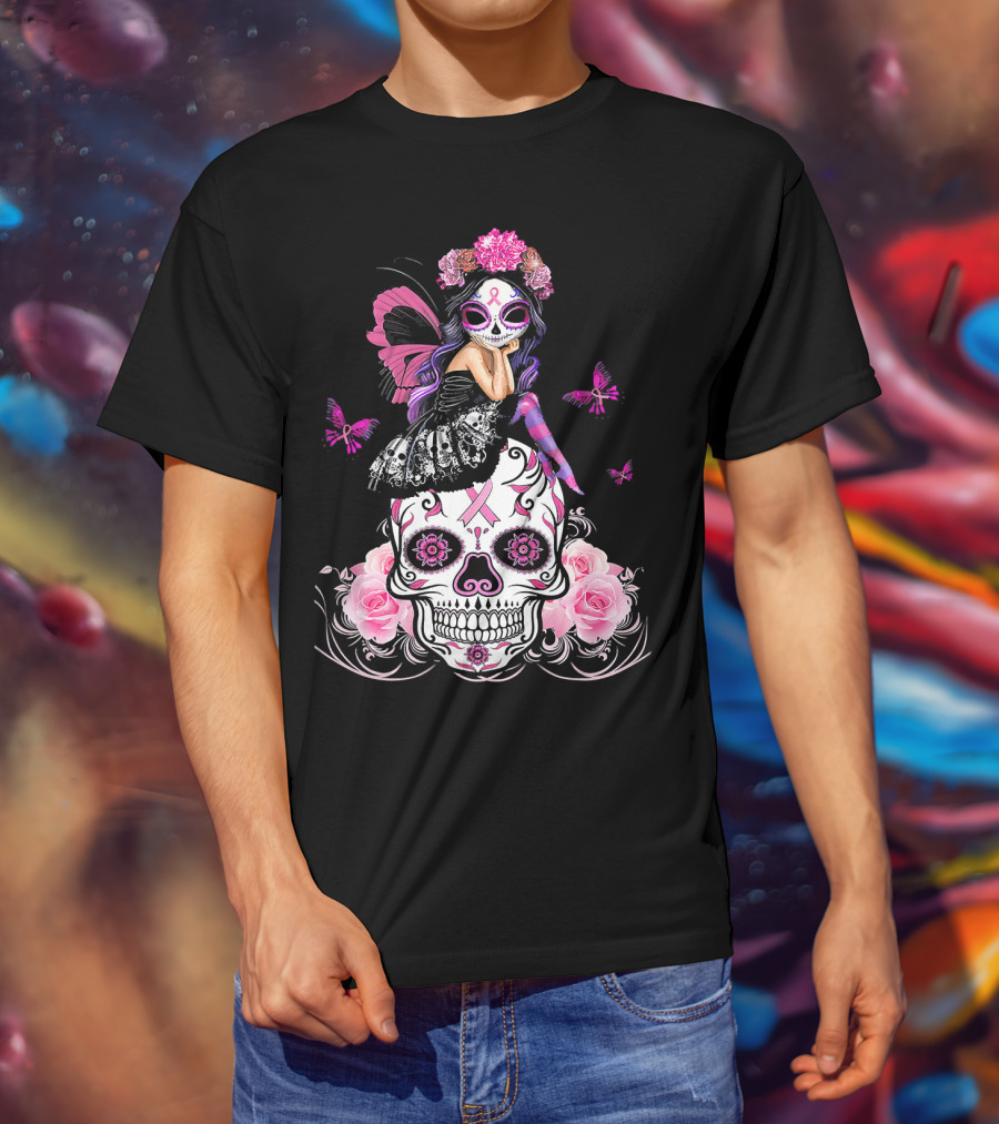 Cute Fairy Sugar Skull Breast Cancer Awareness T-Shirt