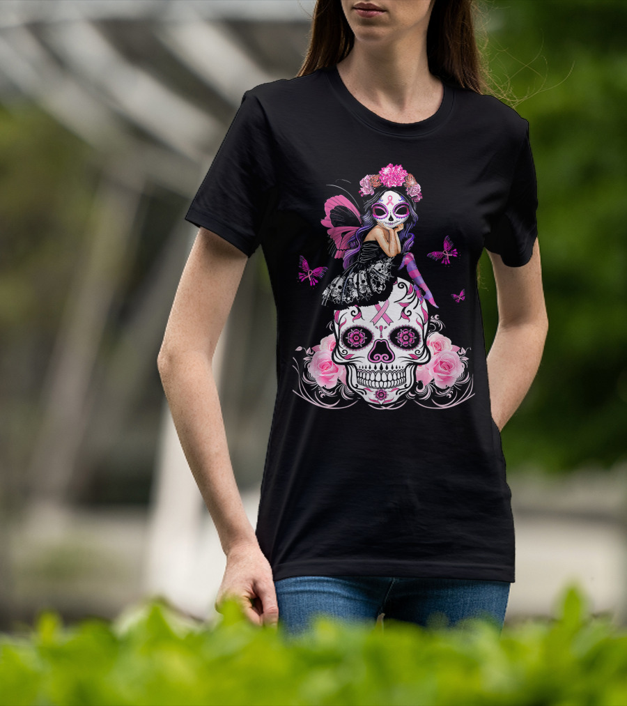 Cute Fairy Sugar Skull Breast Cancer Awareness T-Shirt