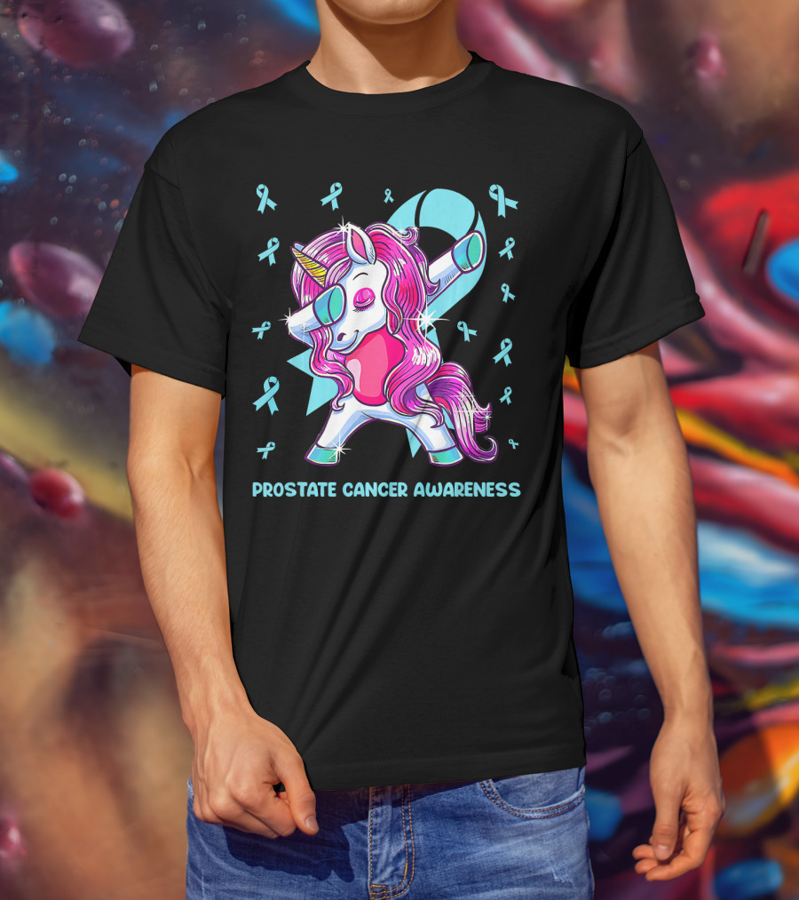 Unicorn Dabbing Prostate Cancer Awareness Ribbons T-Shirt