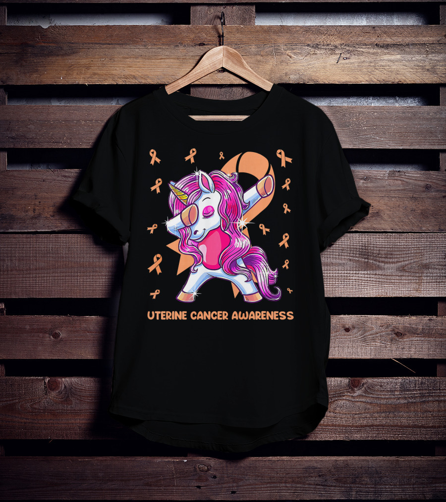 Dabbing Unicorn With Pink Ribbon For Uterine Cancer Awareness T-Shirt