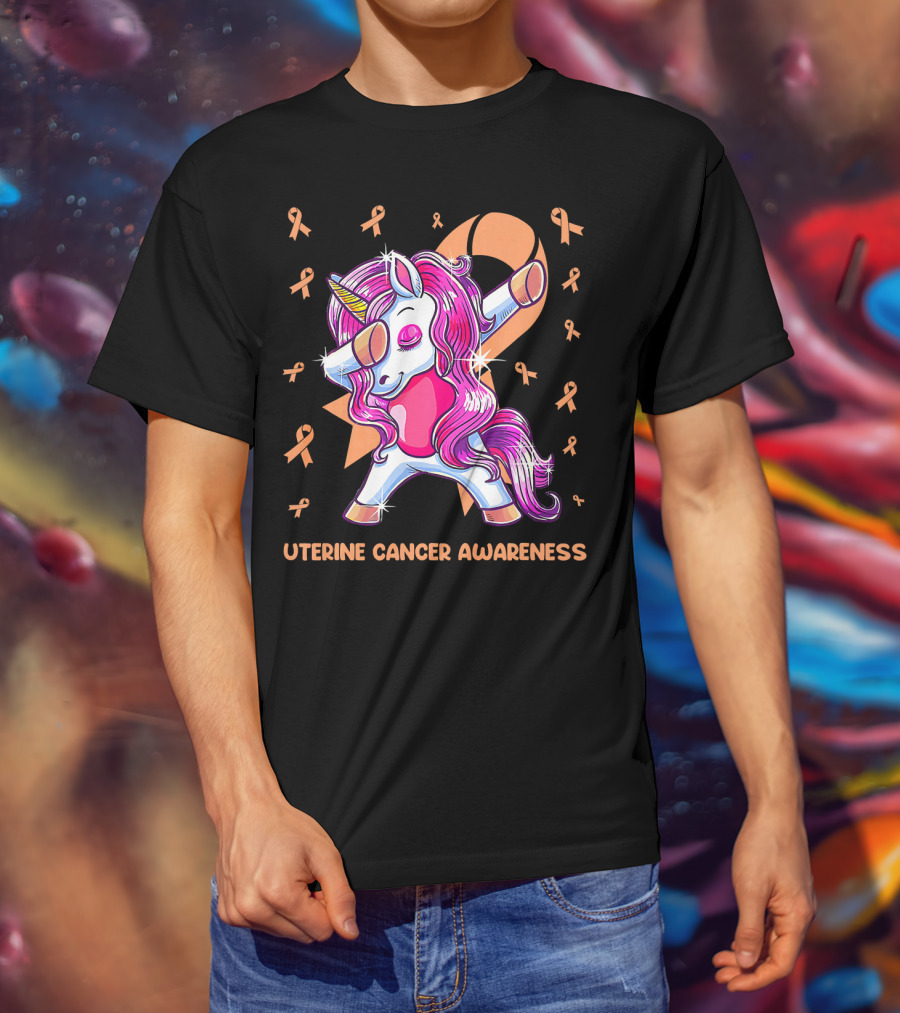Dabbing Unicorn With Pink Ribbon For Uterine Cancer Awareness T-Shirt