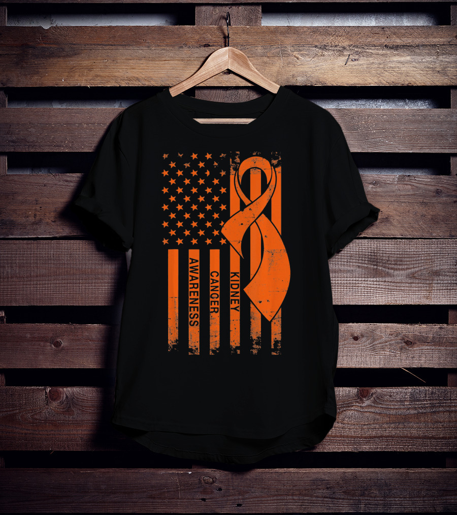 Kidney Cancer Awareness Orange Ribbon American Flag T-Shirt