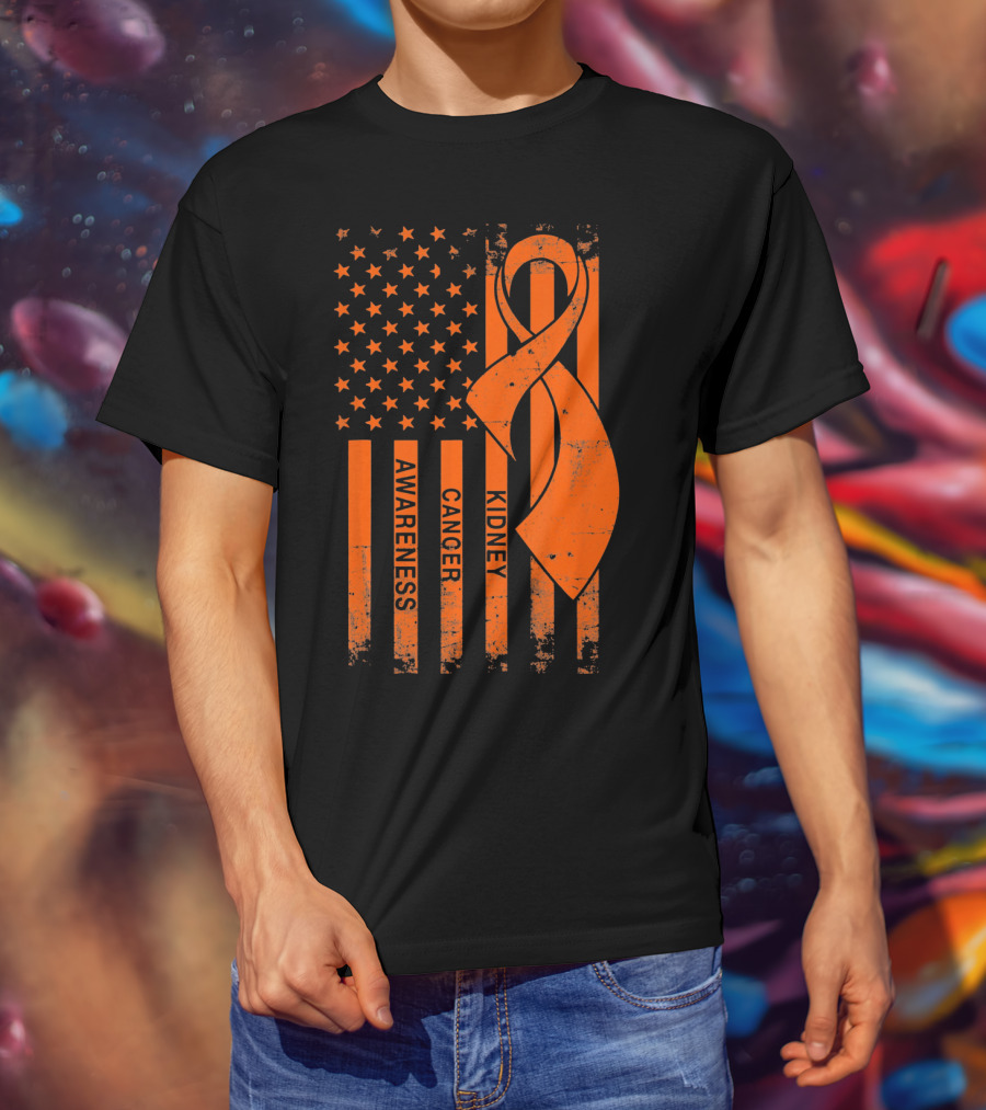 Kidney Cancer Awareness Orange Ribbon American Flag T-Shirt