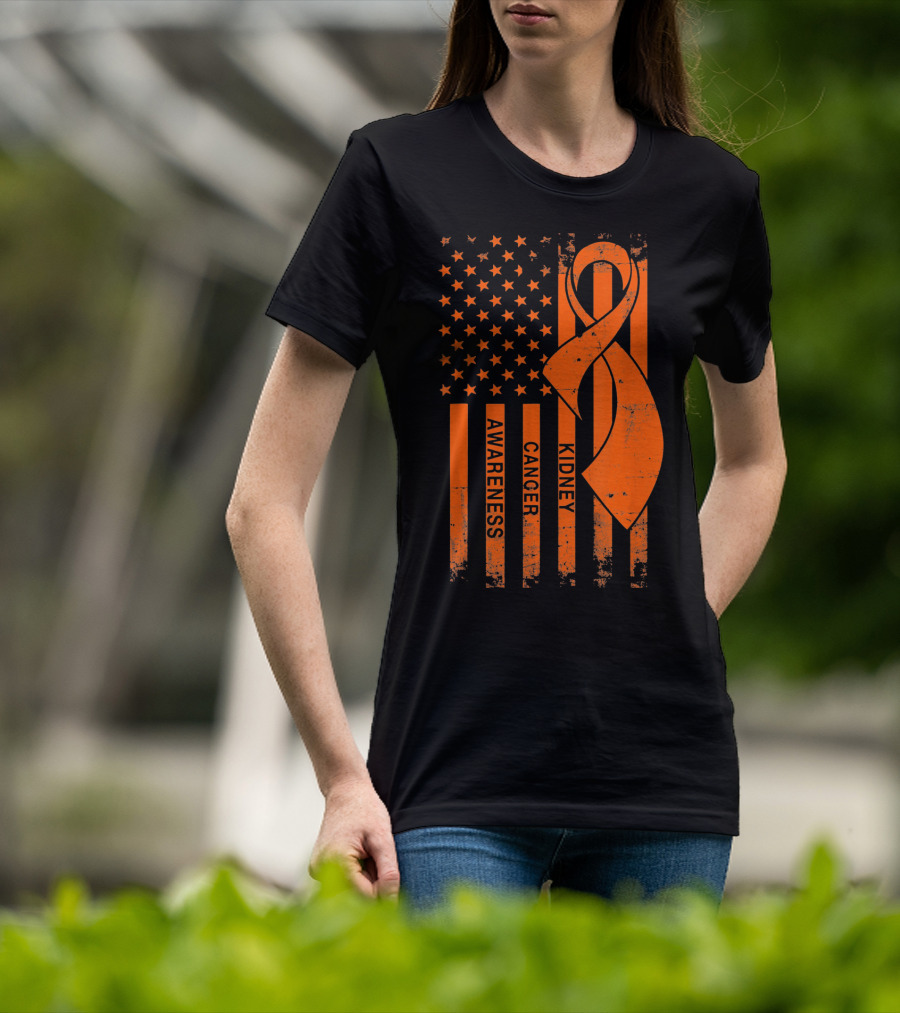Kidney Cancer Awareness Orange Ribbon American Flag T-Shirt