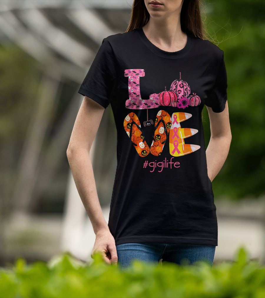 Love Halloween Pumpkin Breast Cancer Awareness #gigilife T-Shirt