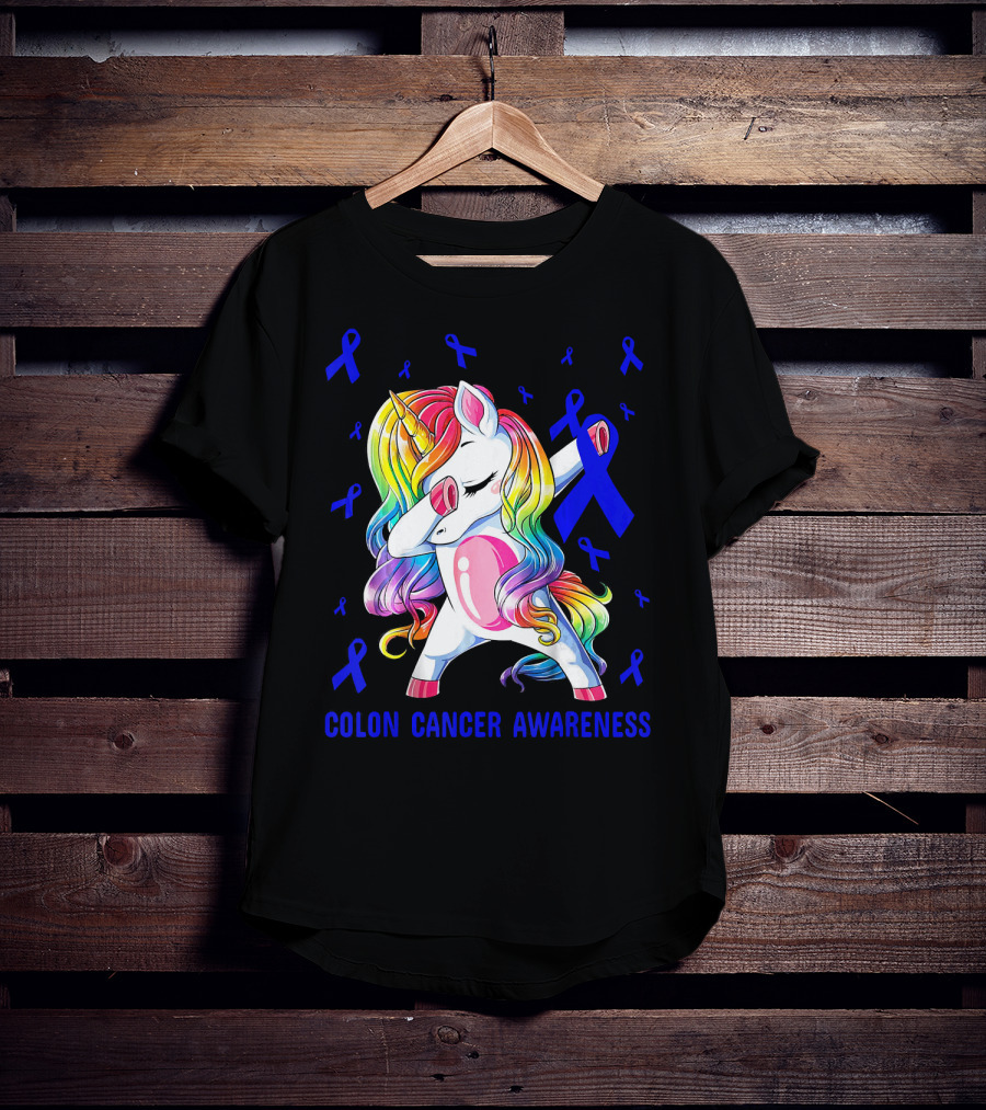 Colon Cancer Awareness Unicorn Dabbing With Blue Ribbons T-Shirt