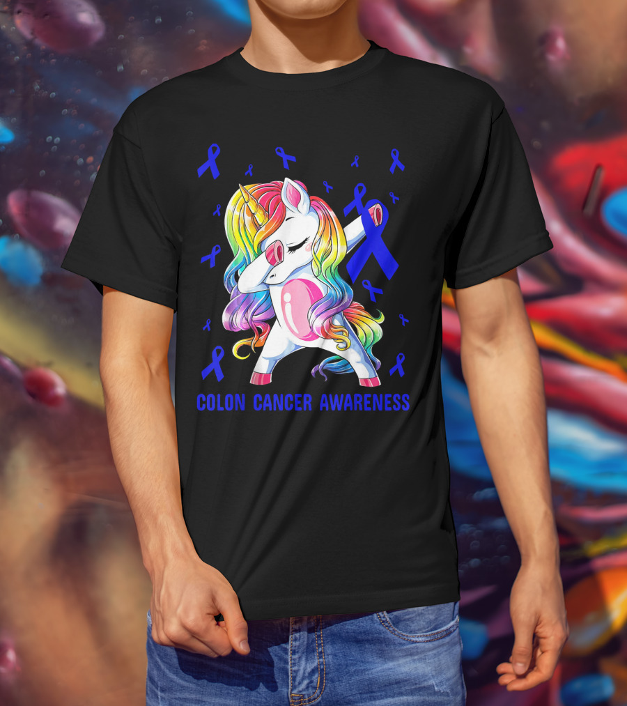 Colon Cancer Awareness Unicorn Dabbing With Blue Ribbons T-Shirt