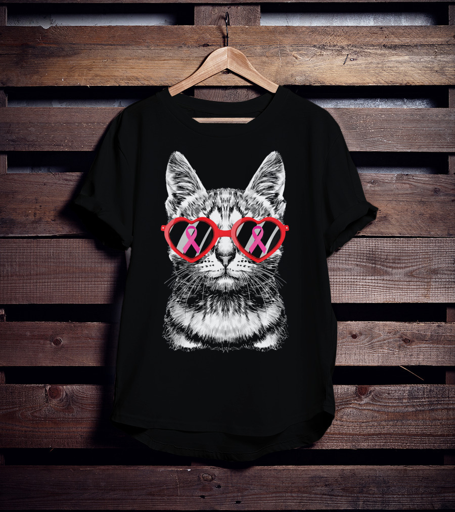 Breast Cancer Awareness Pink Ribbon Cat Heart Glasses Costume T-Shirt
