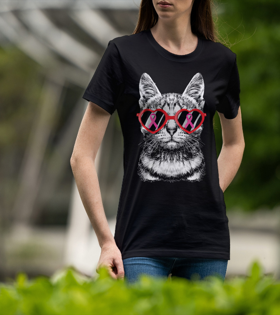 Breast Cancer Awareness Pink Ribbon Cat Heart Glasses Costume T-Shirt