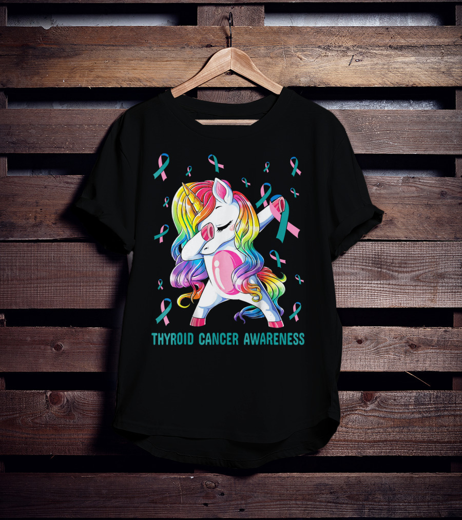 Dabbing Unicorn Rainbow Thyroid Cancer Awareness T-Shirt