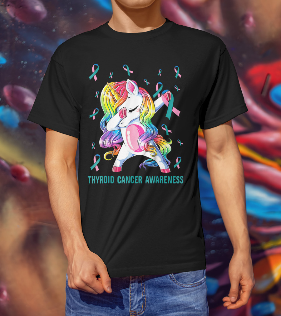 Dabbing Unicorn Rainbow Thyroid Cancer Awareness T-Shirt