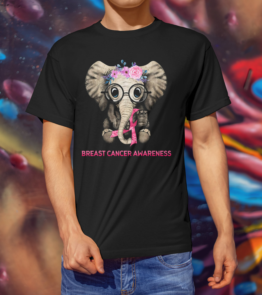 Flowers Hippie Elephant Breast Cancer Awareness T-Shirt