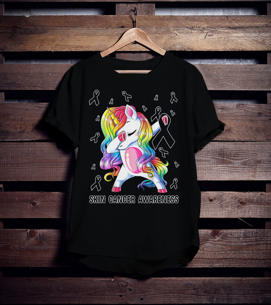 Skin Cancer Awareness Unicorn Dabbing With Ribbons T-Shirt