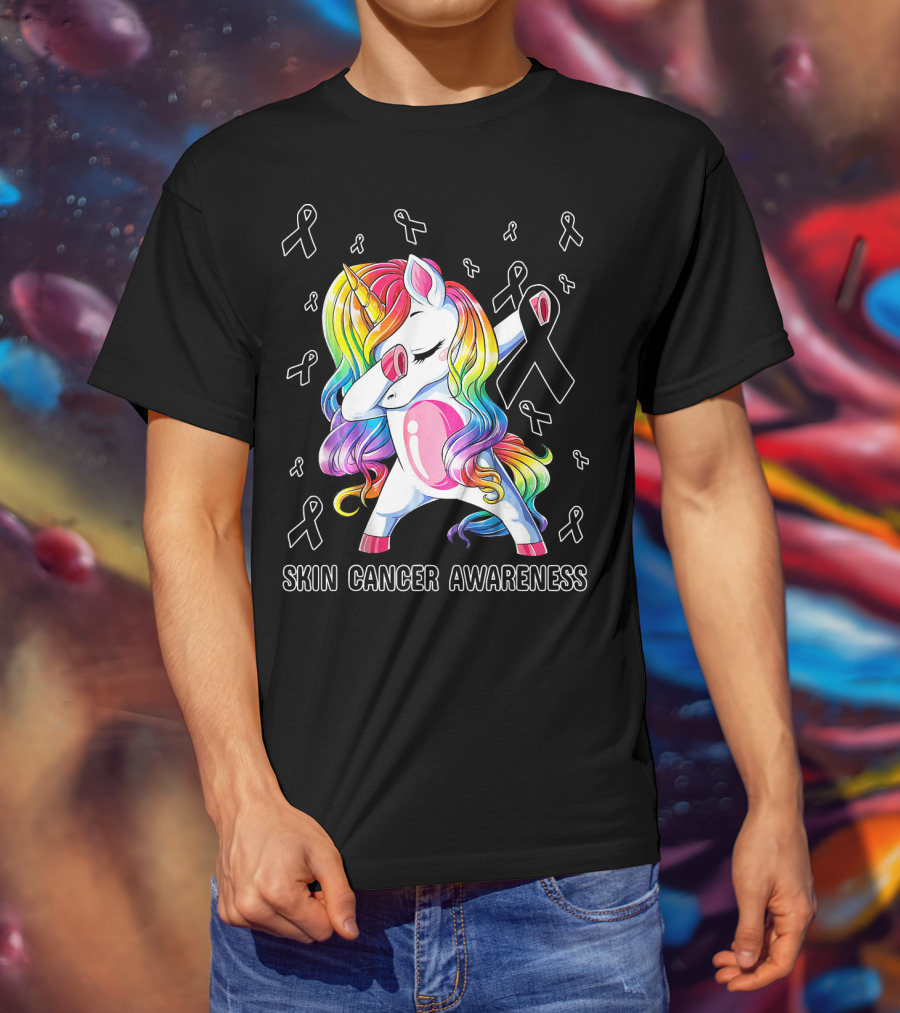 Skin Cancer Awareness Unicorn Dabbing With Ribbons T-Shirt