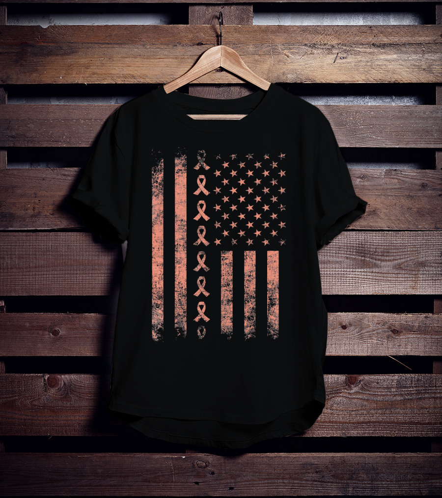 Uterine Cancer Awareness Ribbon American Flag Peac T-Shirt