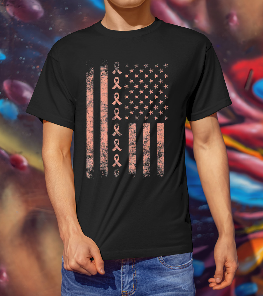 Uterine Cancer Awareness Ribbon American Flag Peac T-Shirt