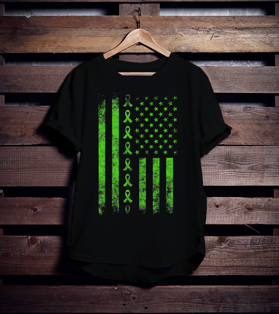 Lymphoma Cancer Awareness Lime Green Ribbon American Flag T-Shirt