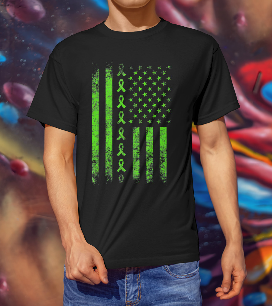 Lymphoma Cancer Awareness Lime Green Ribbon American Flag T-Shirt
