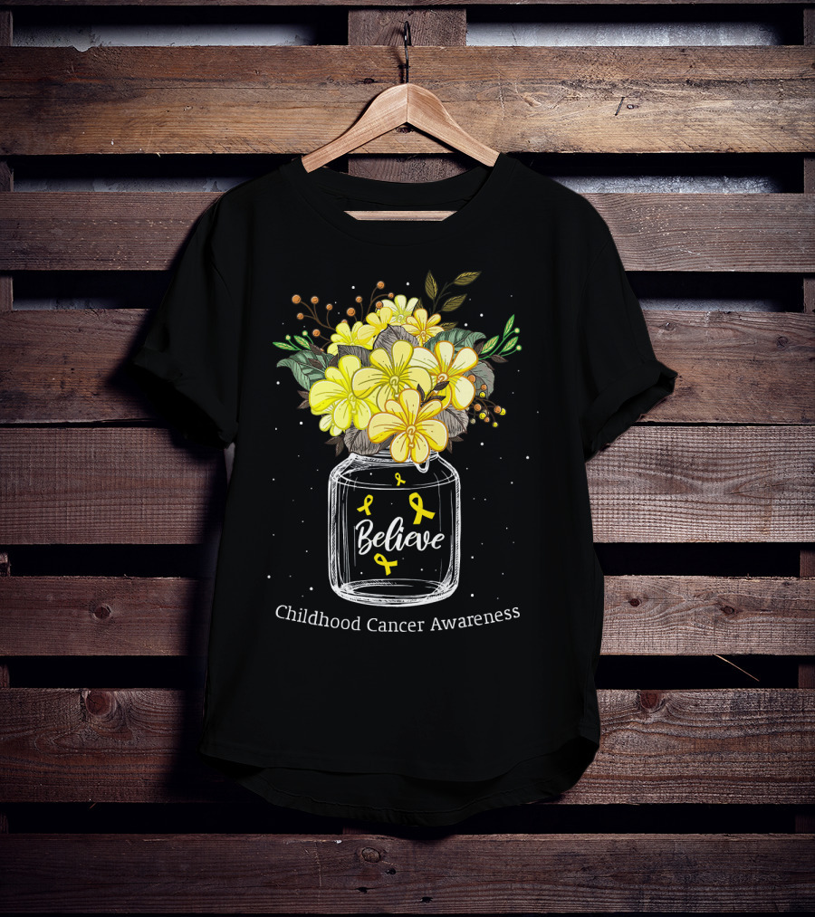 Believe Yellow Ribbon Childhood Cancer Awareness Flower Bouquet T-Shirt