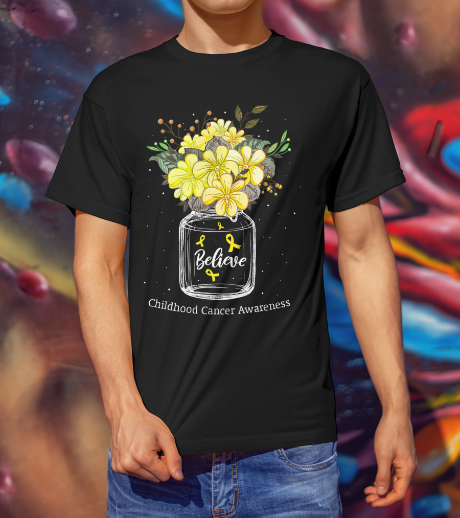 Believe Yellow Ribbon Childhood Cancer Awareness Flower Bouquet T-Shirt