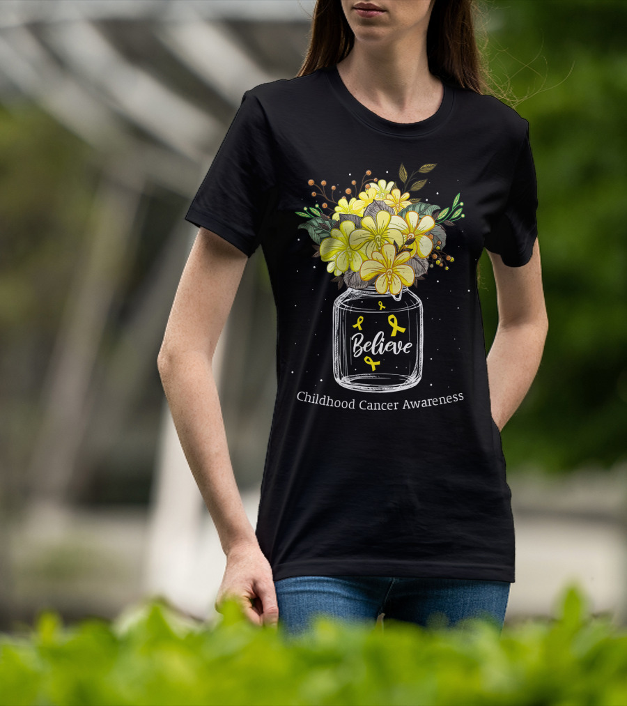 Believe Yellow Ribbon Childhood Cancer Awareness Flower Bouquet T-Shirt