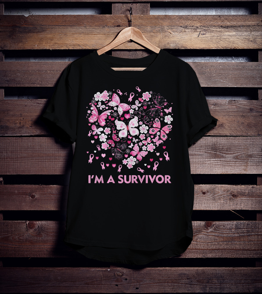 I'm A Survivor Heart Pink Ribbon Butterfly Flowers T-Shirt