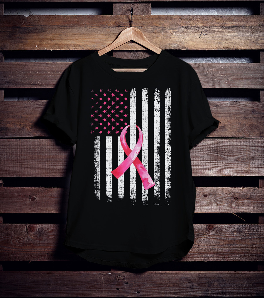 Breast Cancer Awareness Pink Ribbon American Flag Fight T-Shirt