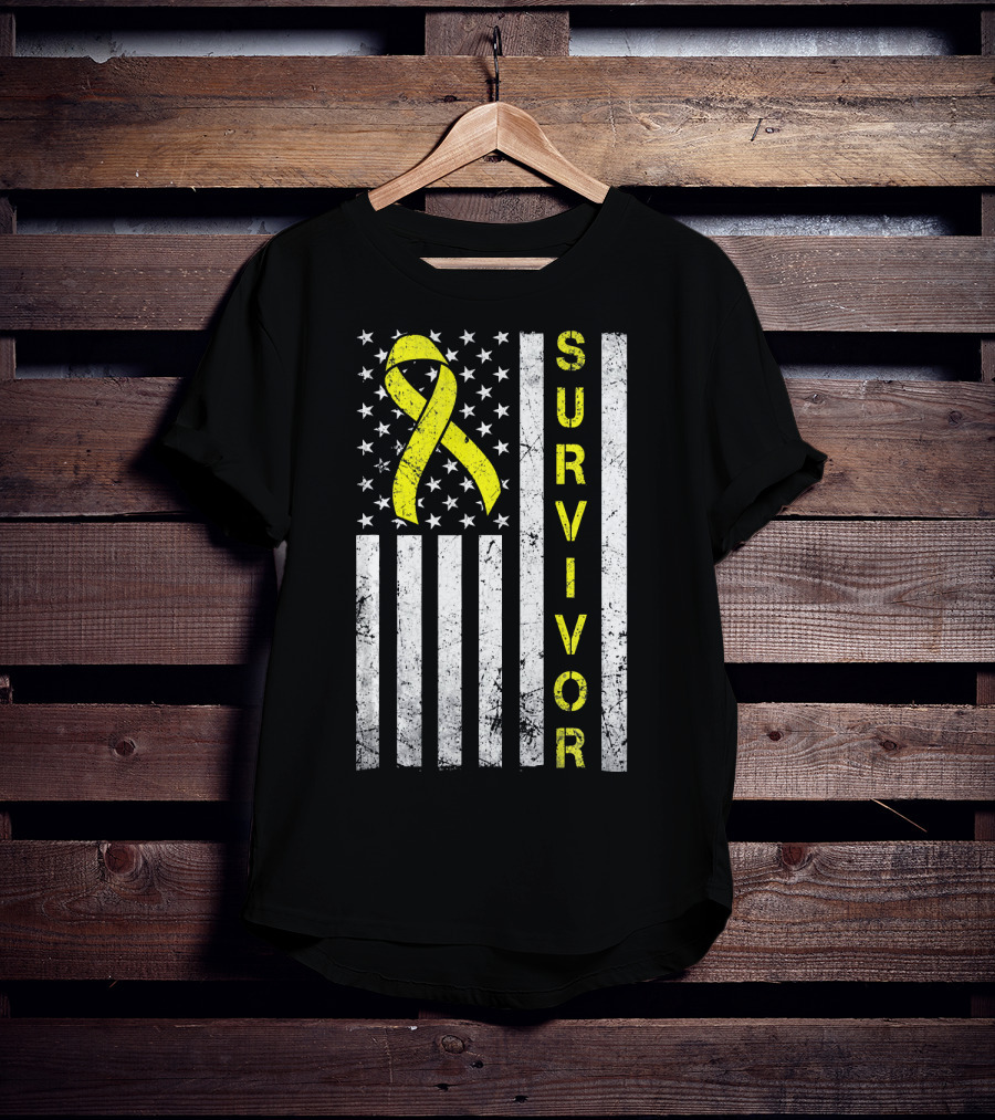 Survivor Yellow Ribbon USA Flag Childhood Cancer Awareness T-Shirt