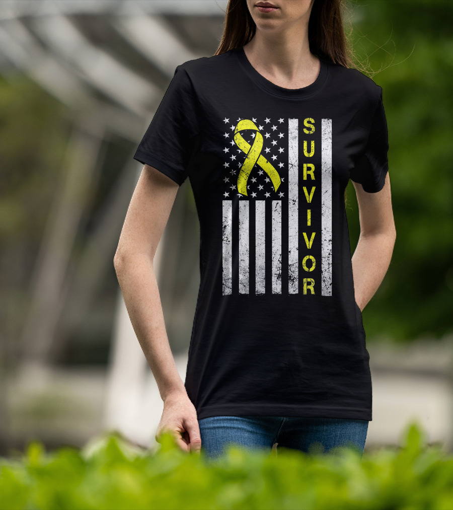 Survivor Yellow Ribbon USA Flag Childhood Cancer Awareness T-Shirt