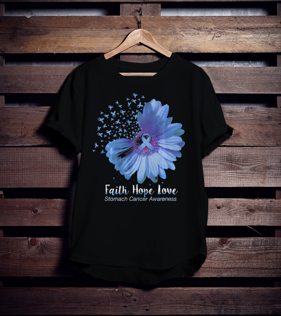 Faith Hope Love Stomach Cancer Awareness Blue Flower T-Shirt