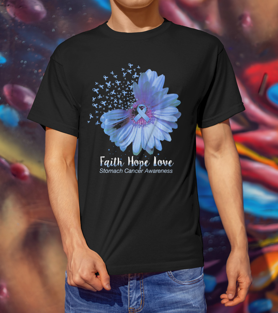 Faith Hope Love Stomach Cancer Awareness Blue Flower T-Shirt