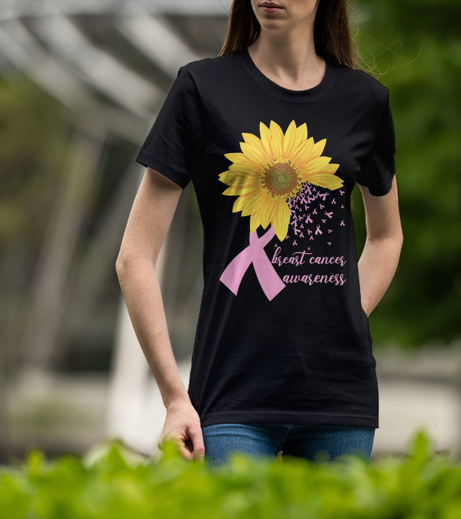 Breast Cancer Awareness Sunflower Pink Ribbon T-Shirt