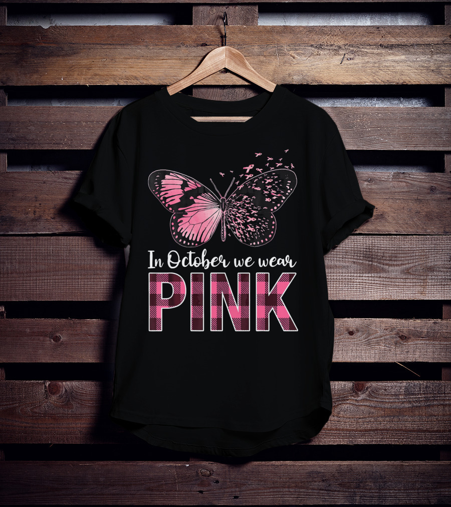 In October We Wear Pink Butterfly Breast Cancer Awareness T-Shirt