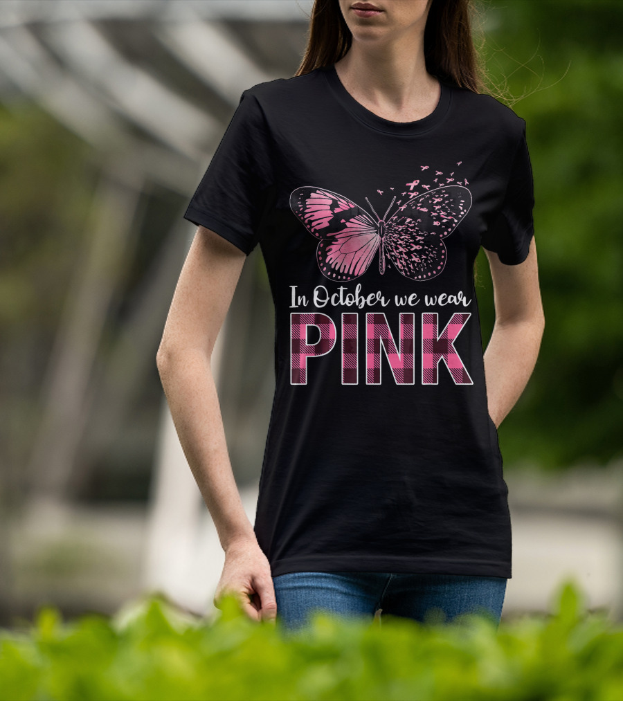In October We Wear Pink Butterfly Breast Cancer Awareness T-Shirt