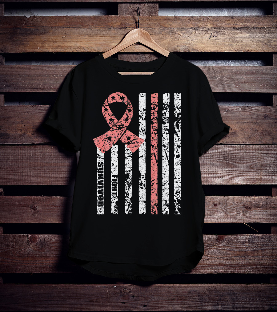 Cool Uterine Cancer Awareness Survivor Fight Ribbon Flag T-Shirt