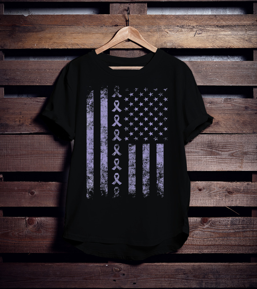 Orchid Testicular Cancer Awareness Purple Ribbon US Flag T-Shirt