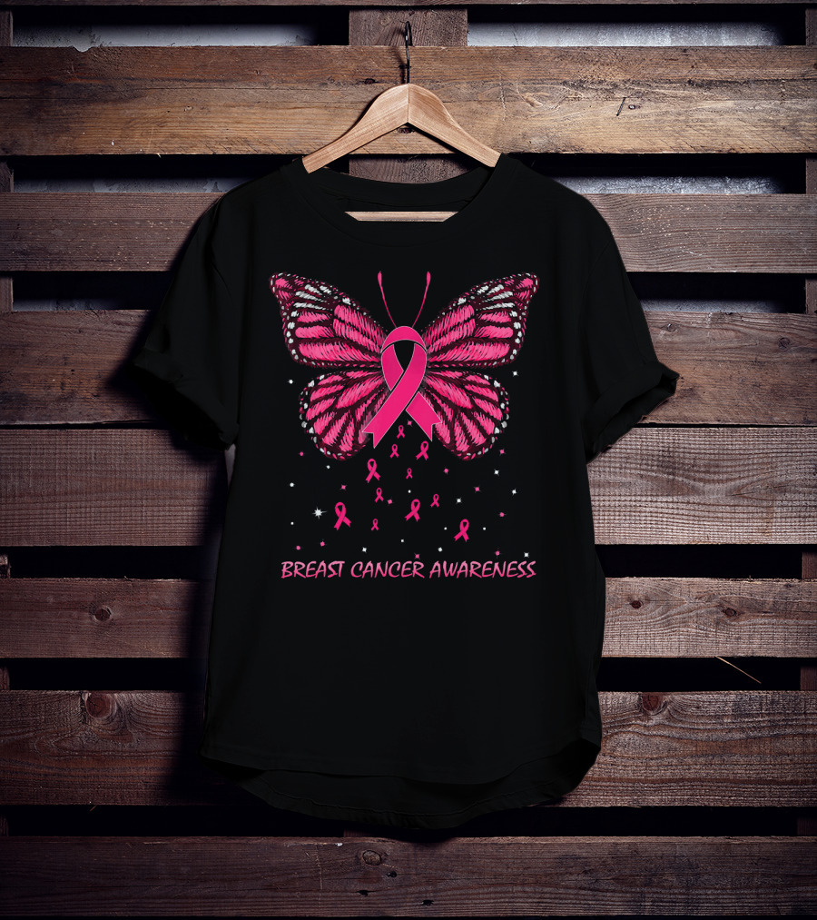 Breast Cancer Awareness Butterfly Ribbon And Stars T-Shirt