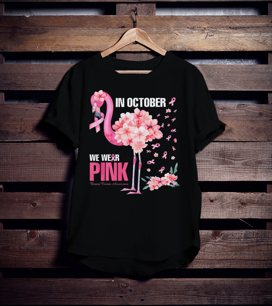 In October We Wear Pink Breast Cancer Awareness Flamingo Cherry Blossom T-Shirt