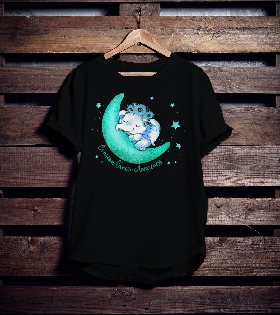 Ovarian Cancer Awareness Cute Elephant On The Moon T-Shirt