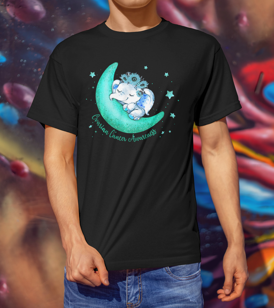 Ovarian Cancer Awareness Cute Elephant On The Moon T-Shirt
