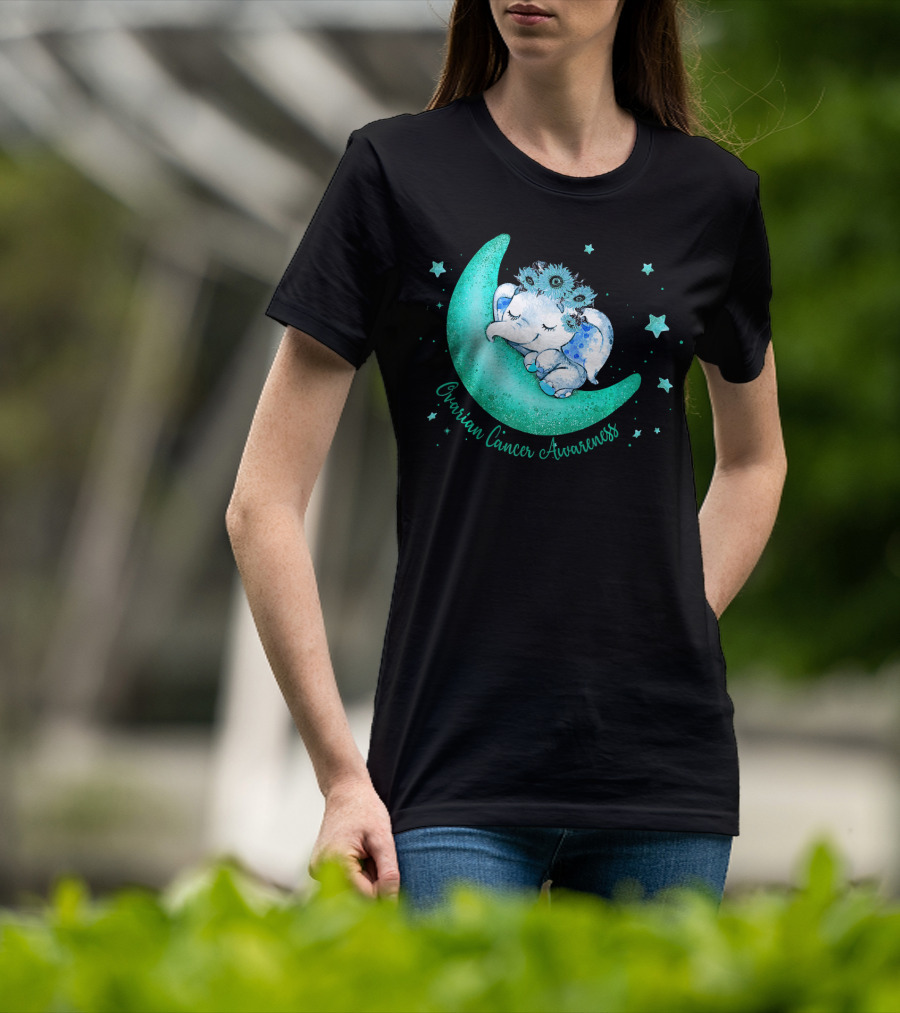 Ovarian Cancer Awareness Cute Elephant On The Moon T-Shirt