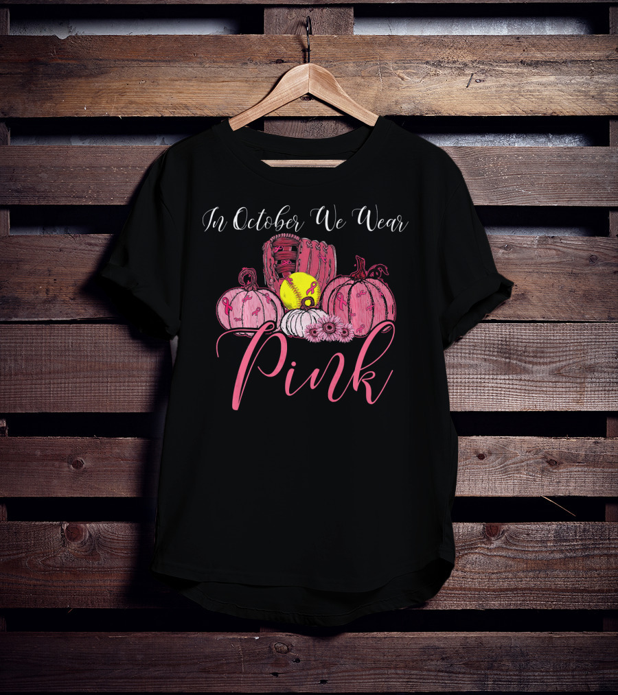 In October We Wear Pink Softball Pumpkin Breast Cancer Awareness T-Shirt